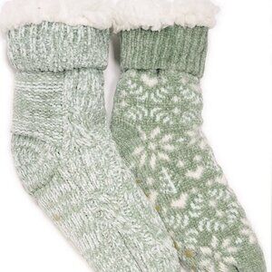 MUK LUKS 2 Pack Lined Rib Socks Soft Faux Fur WOMEN'S SIZE L-XL Sage Green NEW